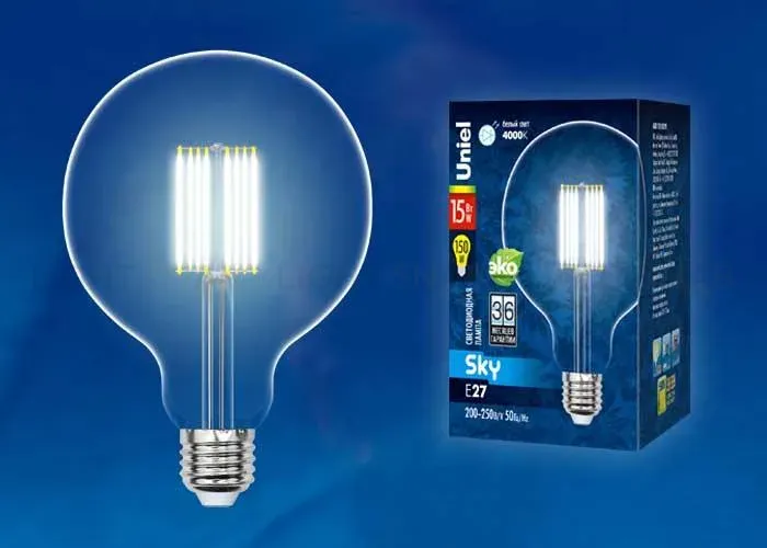Лампа светодиодная филаментная (UL-00004860) Uniel E27 15W 3000K прозрачная LED-G125-15W/3000K/E27/CL PLS02WH LED-G125-15W/3000K/E27/CL PLS02WH картон