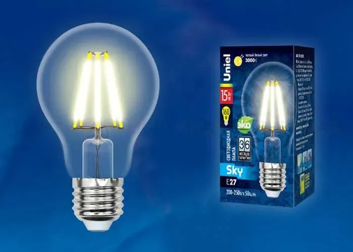 Лампа светодиодная филаментная (UL-00004867) Uniel E27 12W 4000K прозрачная LED-A60-12W/4000K/E27/CL PLS02WH LED-A60-12W/4000K/E27/CL PLS02WH картон