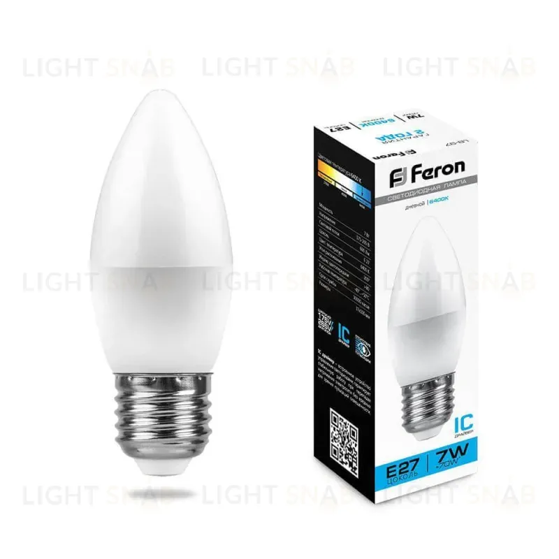 Лампа светодиодная Feron E27 7W 6400K Свеча Матовая LB-97 25883 25883