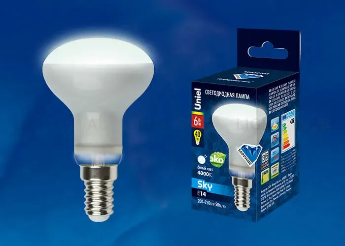 Лампа светодиодная рефлекторная (UL-00001492) Uniel E14 6W 4000K матовая LED-R50-6W/NW/E14/FR PLS02WH LED-R50-6W/NW/E14/FR PLS02WH картон