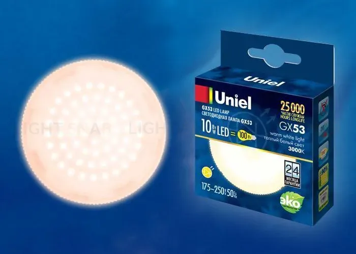 Лампа светодиодная (UL-00003722) Uniel GX53 10W 3000K матовая LED-GX53-10W/WW/GX53/FR PLZ01WH LED-GX53-10W/WW/GX53/FR PLZ01WH