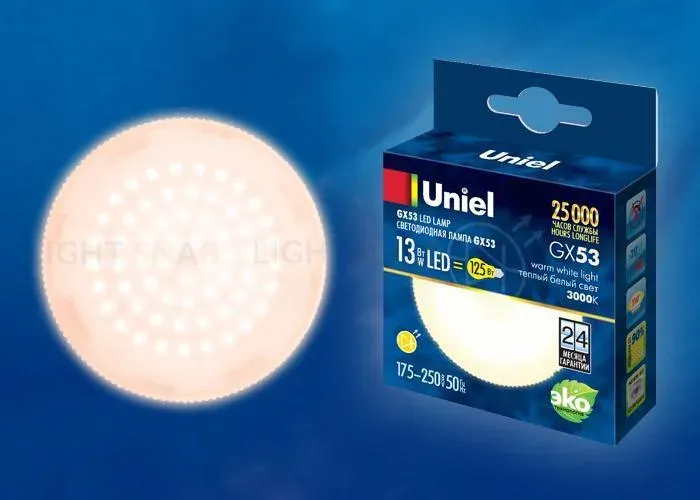 Лампа светодиодная (UL-00003724) Uniel GX53 13W 3000K матовая LED-GX53-13W/WW/GX53/FR PLZ01WH LED-GX53-13W/WW/GX53/FR PLZ01WH