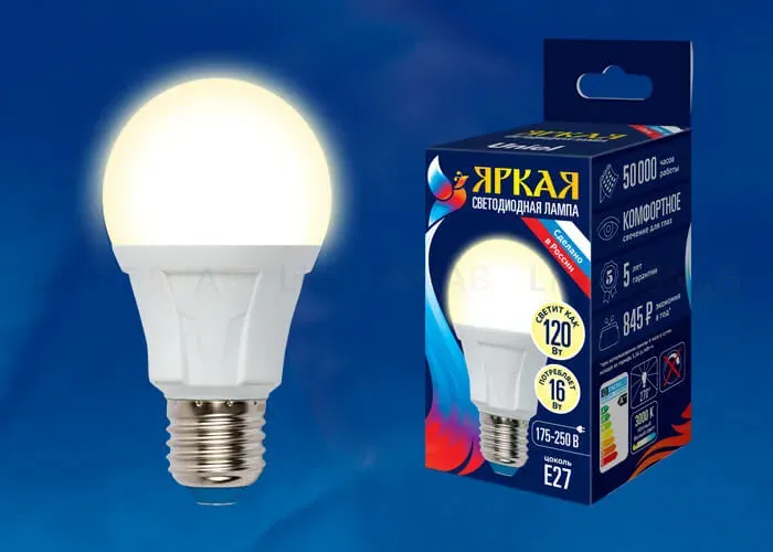 Лампа светодиодная (UL-00005033) Uniel E27 16W 3000K матовая LED-A60 16W/3000K/E27/FR PLP01WH LED-A60 16W/3000K/E27/FR PLP01WH картон
