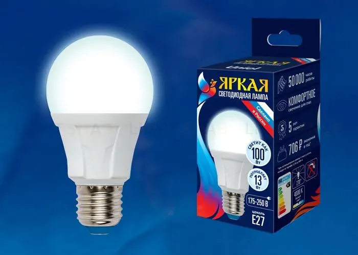 Лампа светодиодная (UL-00005030) Uniel E27 13W 3000K матовая LED-A60 13W/3000K/E27/FR PLP01WH LED-A60 13W/3000K/E27/FR PLP01WH картон
