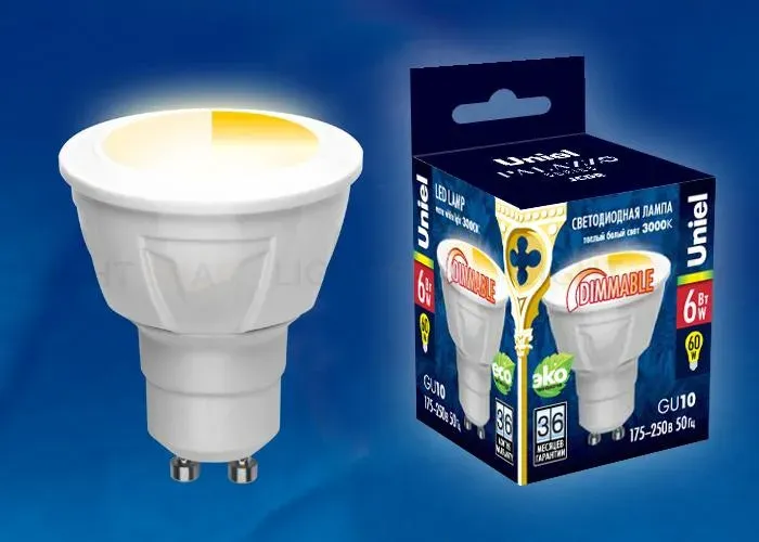 Лампа светодиодная диммируемая (UL-00003988) Uniel GU10 6W 4000K матовая LED-JCDR 6W/NW/GU10/FR/DIM PLP01WH LED-JCDR 6W/NW/GU10/FR/DIM PLP01WH картон
