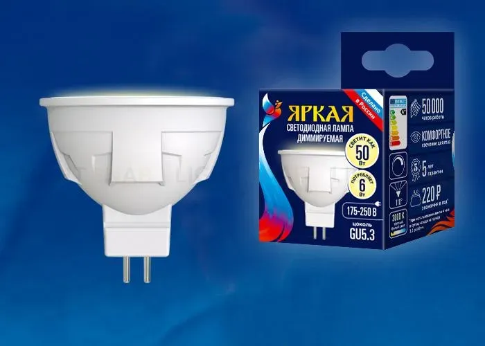 Лампа светодиодная диммируемая (UL-00003990) Uniel GU10 6W 3000K матовая LED-JCDR 6W/WW/GU10/FR/DIM PLP01WH LED-JCDR 6W/WW/GU10/FR/DIM PLP01WH картон