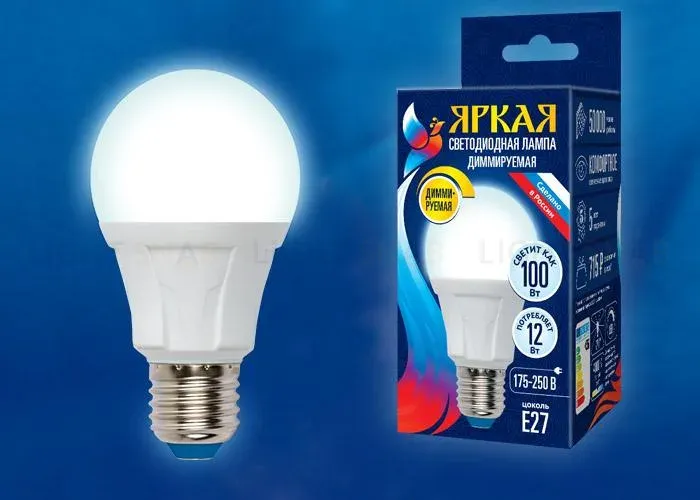 Лампа светодиодная диммируемая (UL-00004288) Uniel E27 12W 6500K матовая LED-A60 12W/6500K/E27/FR/DIM PLP01WH LED-A60 12W/6500K/E27/FR/DIM PLP01WH картон