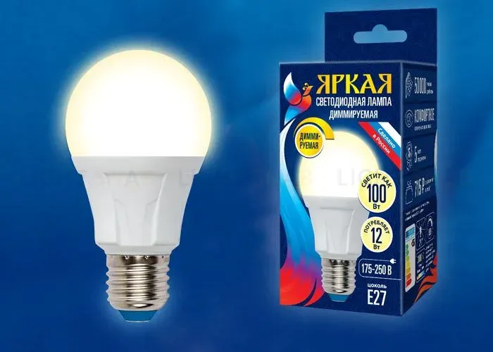 Лампа светодиодная диммируемая (UL-00004289) Uniel E27 12W 4000K матовая LED-A60 12W/4000K/E27/FR/DIM PLP01WH LED-A60 12W/4000K/E27/FR/DIM PLP01WH картон