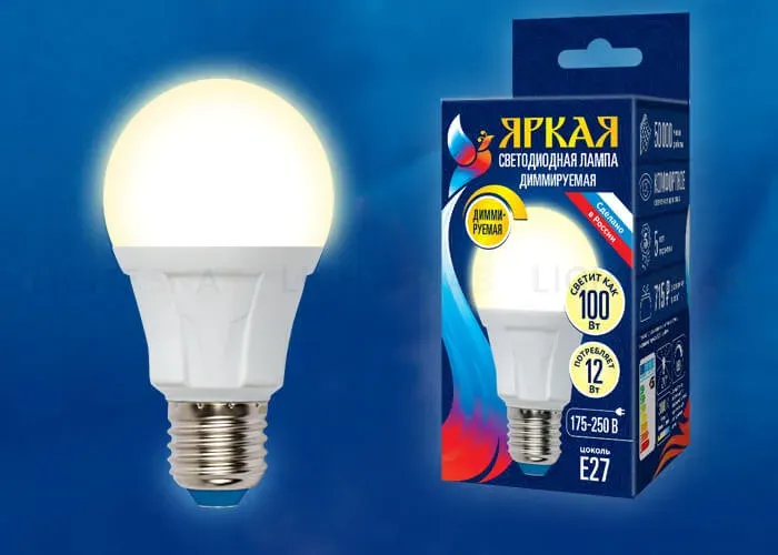 Лампа светодиодная диммируемая (UL-00004290) Uniel E27 12W 3000K матовая LED-A60 12W/3000K/E27/FR/DIM PLP01WH LED-A60 12W/3000K/E27/FR/DIM PLP01WH картон