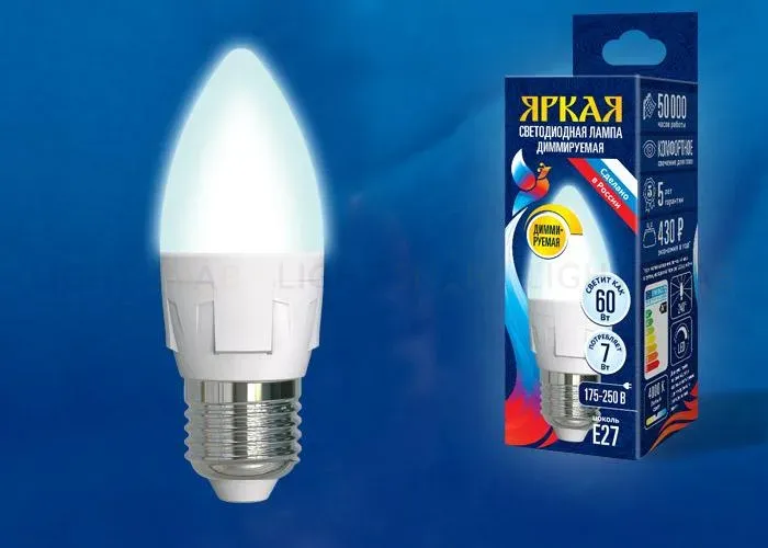Лампа светодиодная диммируемая (UL-00004294) Uniel E14 7W 4000K матовая LED-C37 7W/4000K/E14/FR/DIM PLP01WH LED-C37 7W/4000K/E14/FR/DIM PLP01WH картон