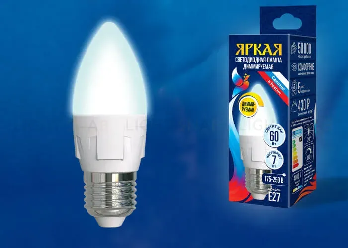 Лампа светодиодная диммируемая (UL-00004295) Uniel E27 7W 4000K матовая LED-C37 7W/4000K/E27/FR/DIM PLP01WH LED-C37 7W/4000K/E27/FR/DIM PLP01WH картон