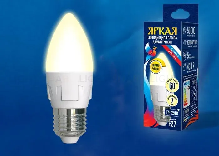Лампа светодиодная диммируемая (UL-00004296) Uniel E14 7W 3000K матовая LED-C37 7W/3000K/E14/FR/DIM PLP01WH LED-C37 7W/3000K/E14/FR/DIM PLP01WH картон