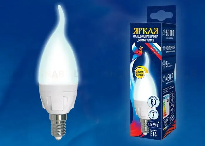Лампа светодиодная диммируемая (UL-00004297) Uniel E27 7W 3000K матовая LED-C37 7W/3000K/E27/FR/DIM PLP01WH LED-C37 7W/3000K/E27/FR/DIM PLP01WH картон