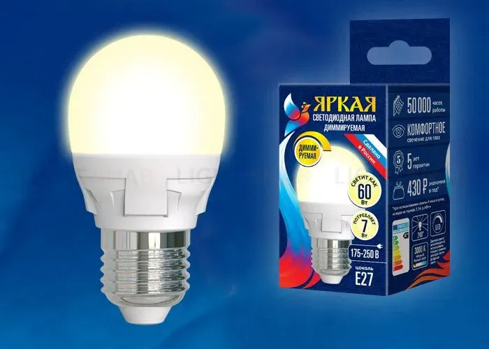 Лампа светодиодная диммируемая (UL-00004302) Uniel E14 7W 3000K матовая LED-G45 7W/3000K/E14/FR/DIM PLP01WH LED-G45 7W/3000K/E14/FR/DIM PLP01WH картон