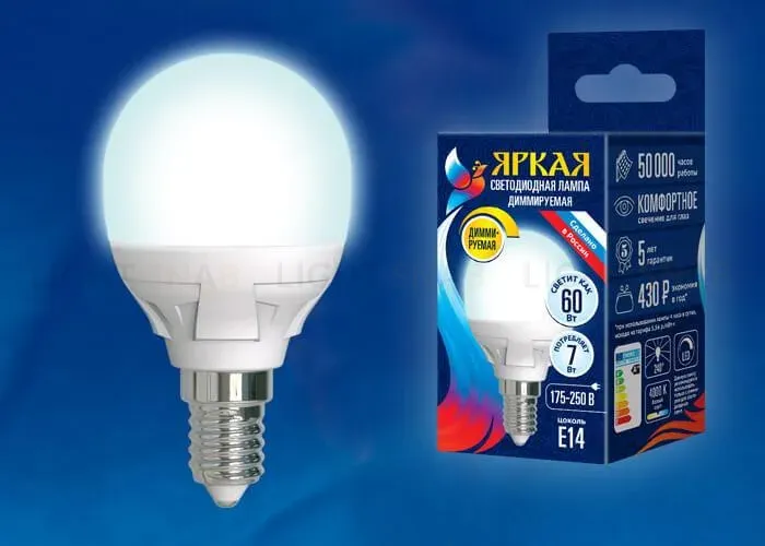 Лампа светодиодная диммируемая (UL-00004300) Uniel E14 7W 4000K матовая LED-G45 7W/4000K/E14/FR/DIM PLP01WH LED-G45 7W/4000K/E14/FR/DIM PLP01WH картон