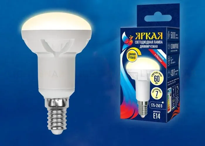 Лампа светодиодная диммируемая (UL-00004709) Uniel E14 7W 4000K матовая LED-R50 7W/4000K/E14/FR/DIM PLP01WH LED-R50 7W/4000K/E14/FR/DIM PLP01WH картон