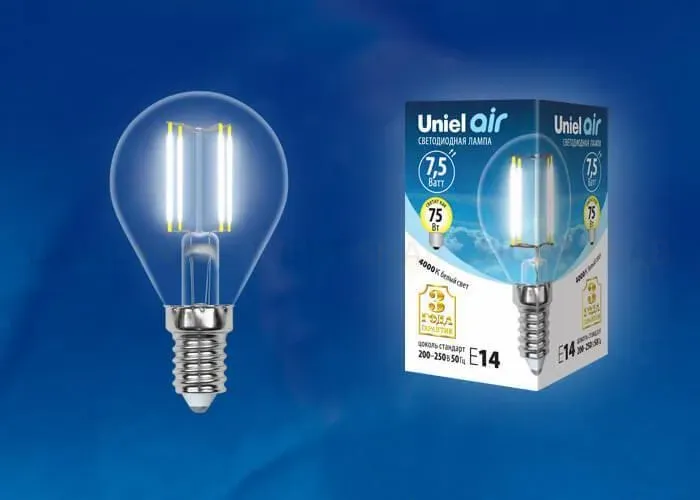 Лампа светодиодная филаментная (UL-00003254) Uniel E14 7,5W 4000K прозрачная LED-G45-7,5W/NW/E14/CL GLA01TR LED-G45-7,5W/NW/E14/CL GLA01TR картон