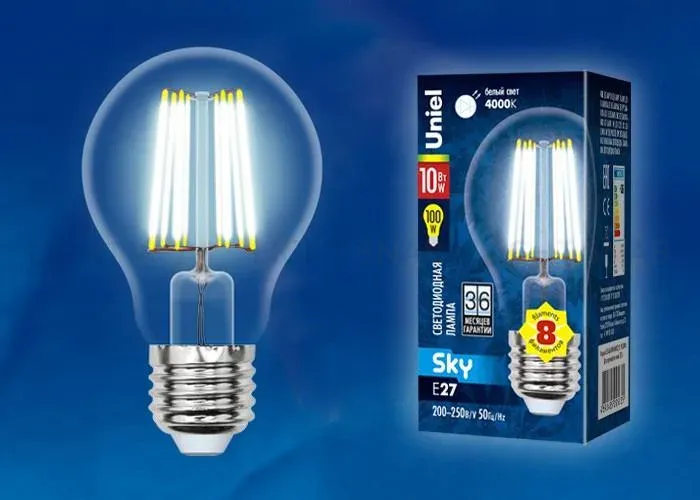 Лампа светодиодная филаментная (UL-00002626) Uniel E27 10W 4000K прозрачная LED-A60-10W/NW/E27/CL PLS02WH LED-A60-10W/NW/E27/CL PLS02WH картон