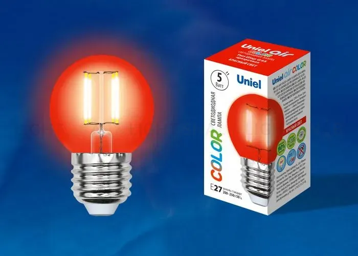 Лампа светодиодная филаментная (UL-00002985) Uniel E14 5W красный LED-G45-5W/RED/E14 GLA02RD LED-G45-5W/RED/E14 GLA02RD картон