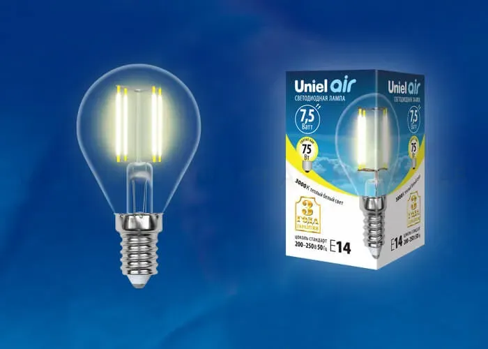 Лампа светодиодная филаментная (UL-00003250) Uniel E14 7,5W 3000K прозрачная LED-G45-7,5W/WW/E14/CL GLA01TR LED-G45-7,5W/WW/E14/CL GLA01TR картон