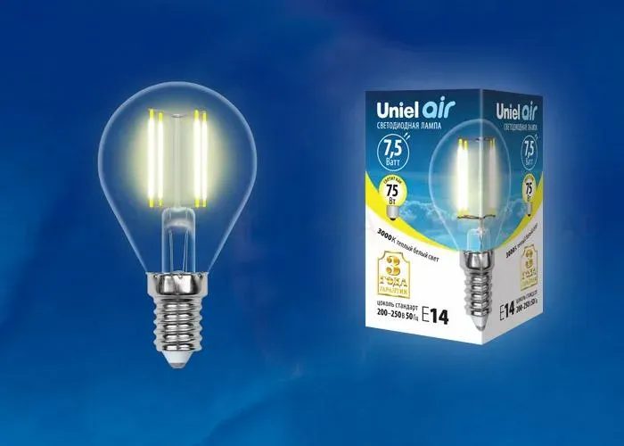 Лампа светодиодная филаментная (UL-00003248) Uniel E14 7,5W 3000K прозрачная LED-CW35-7,5W/WW/E14/CL GLA01TR LED-CW35-7,5W/WW/E14/CL GLA01TR картон