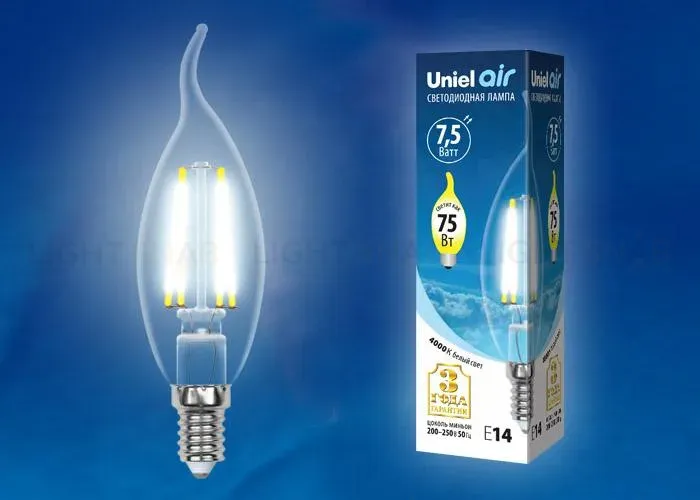 Лампа светодиодная филаментная (UL-00003255) Uniel E27 7,5W 4000K прозрачная LED-G45-7,5W/NW/E27/CL GLA01TR LED-G45-7,5W/NW/E27/CL GLA01TR картон