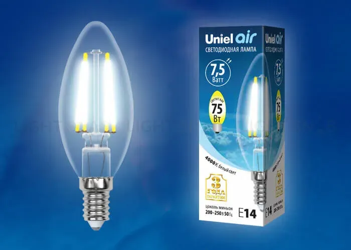 Лампа светодиодная филаментная (UL-00003296) Uniel E14 7,5W 4000K прозрачная LED-CW35-7,5W/NW/E14/CL GLA01TR LED-CW35-7,5W/NW/E14/CL GLA01TR картон
