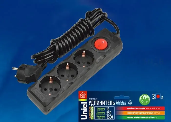 Удлинитель (UL-00003608) Uniel 2гн х 3м с/з Standard S-GCD3-3B Black S-GCD3-3B Black