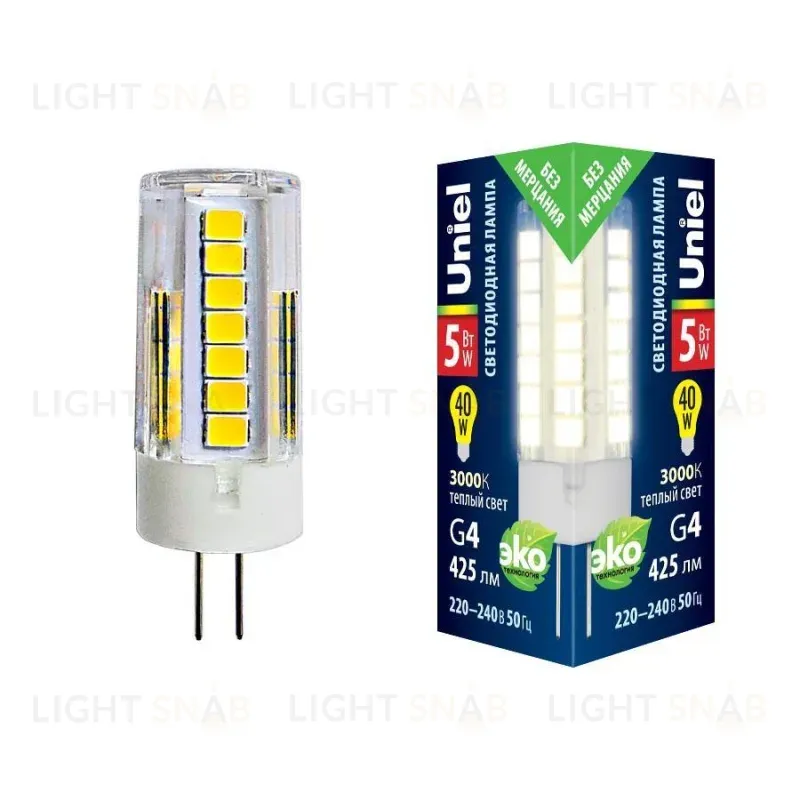 Лампа светодиодная (UL-00006744) Uniel G4 5W 3000K прозрачная LED-JC-220/5W/3000K/G4/CL GLZ09TR LED-JC-220/5W/3000K/G4/CL GLZ09TR картон