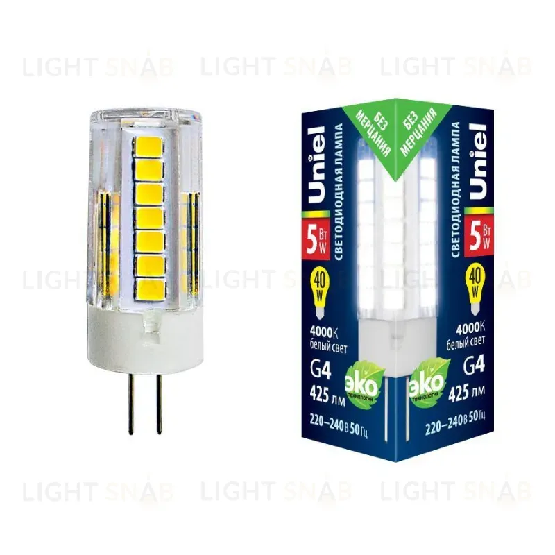Лампа светодиодная (UL-00006745) Uniel G4 5W 4000K прозрачная LED-JC-220/5W/4000K/G4/CL GLZ09TR LED-JC-220/5W/4000K/G4/CL GLZ09TR картон