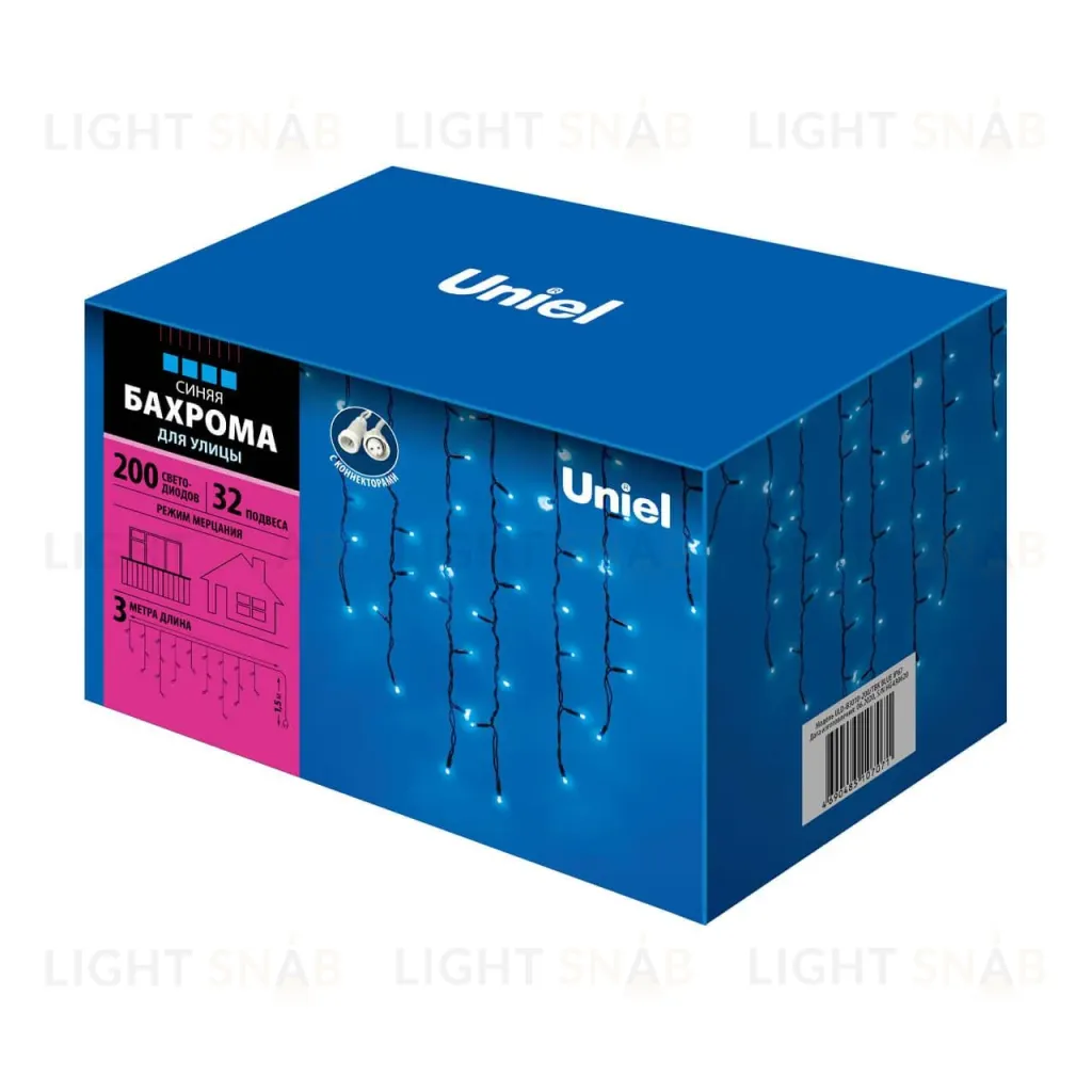 Уличная светодиодная гирлянда Uniel бахрома (UL-00003932) синий ULD-B3010-200/TBK Blue IP67 ULD-B3010-200/TBK Blue IP67