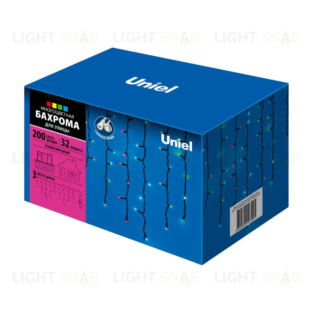 Уличная светодиодная гирлянда Uniel бахрома (UL-00003933) разноцветный ULD-B3010-200/TBK Multi IP67 ULD-B3010-200/TBK Multi IP67