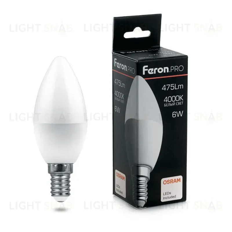 Лампа светодиодная Feron E14 6W 4000K свеча матовая LB-1306 38045 38045