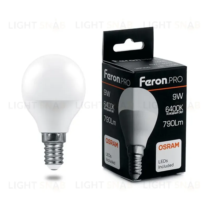 Лампа светодиодная Feron Pro E14 9W 6400K шар матовый LB-1409 38079 38079