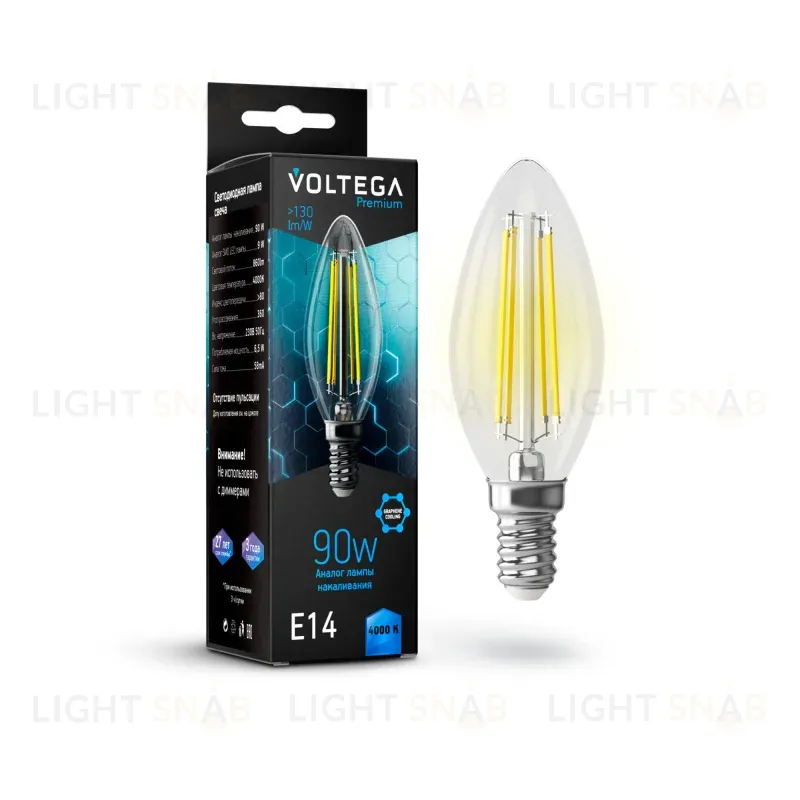 Лампа светодиодная Voltega E14 9W 4000K свеча прозрачная G10-C35E14cold9W-F 7135 7135