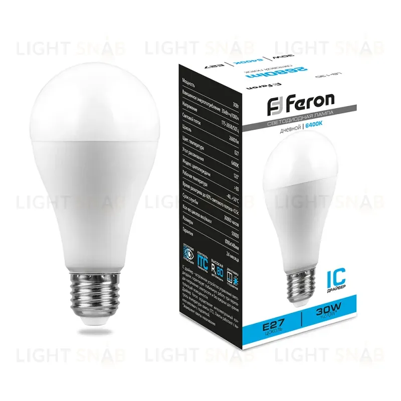 Лампа светодиодная Feron E27 30W 6400K груша матовая LB-130 38196 38196