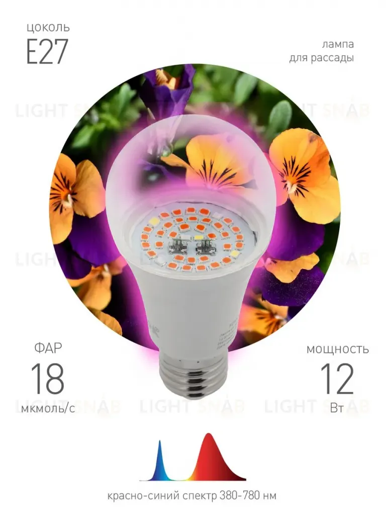 Фитолампа для растений светодиодная ЭРА E27 12W 1310K FITO-12W-RB-E27-K Б0039070 Б0039070