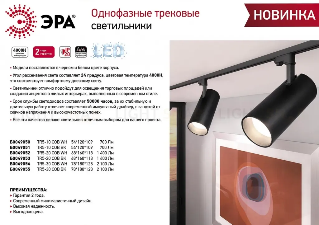 Трековый однофазный светильник ЭРА TR5-10 COB WH Б0049050 Б0049050