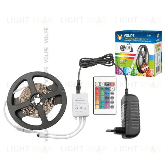 Светодиодная лента Volpe 12W/m 60LED/m 5050SMD RGB 3M ULS-Q221 5050-60LED/m-IP20-3M-RGB RRP36C24 10774 ULS-Q221 5050-60LED/m-IP20-3M-RGB RRP36C24 Комплект светодиодной ленты с адаптером и контроллером