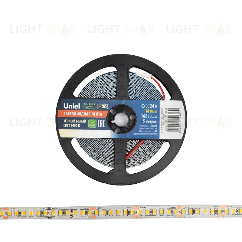 Светодиодная лента Uniel ULS-2835-168LED/m-10mm-IP20-DC24V-14W/m-5M-3000K катушка в герметичной упаковке ULS-2835-168LED/m-10mm-IP20-DC24V-14W/m-5M-3000K катушка в герметичной упаковке