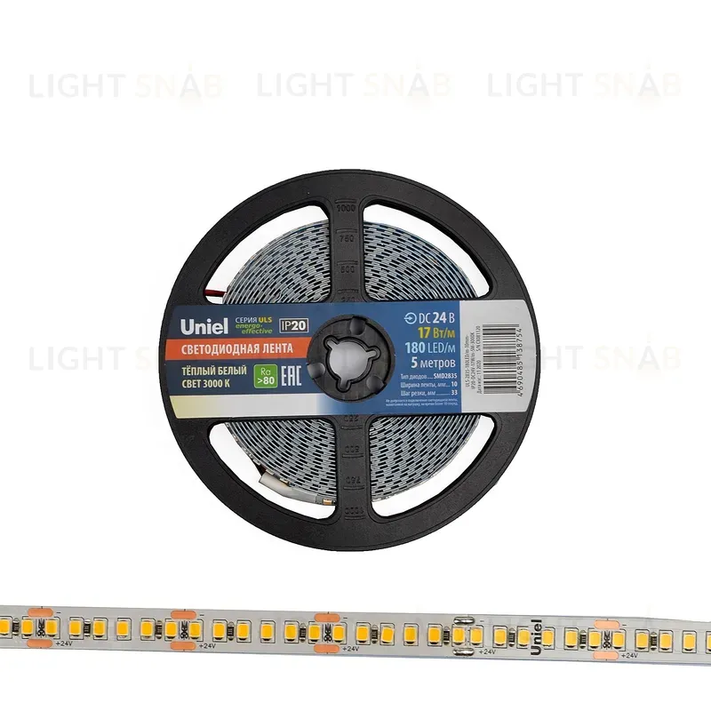 Светодиодная лента Uniel ULS-2835-180LED/m-10mm-IP20-DC24V-17W/m-5M-3000K катушка в герметичной упаковке ULS-2835-180LED/m-10mm-IP20-DC24V-17W/m-5M-3000K катушка в герметичной упаковке