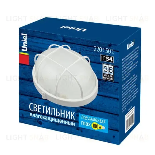 Потолочный светильник Uniel UWL-R02 100W/E27 IP54 WHITE Kруг/Решетка UWL-R02 100W/E27 IP54 WHITE Kруг/Решетка