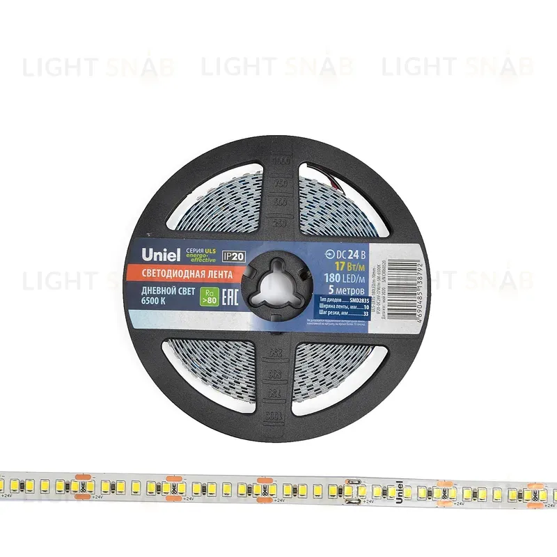 Светодиодная лента Uniel ULS-2835-180LED/m-10mm-IP20-DC24V-17W/m-5M-6500K катушка в герметичной упаковке ULS-2835-180LED/m-10mm-IP20-DC24V-17W/m-5M-6500K катушка в герметичной упаковке