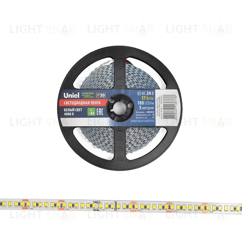 Светодиодная лента Uniel ULS-2835-180LED/m-10mm-IP20-DC24V-17W/m-5M-4000K катушка в герметичной упаковке ULS-2835-180LED/m-10mm-IP20-DC24V-17W/m-5M-4000K катушка в герметичной упаковке