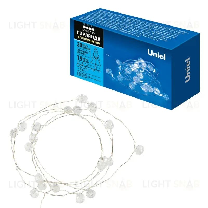 Гирлянда Uniel ULD-S1900-020/STB/2AA WHITE IP20 BEADS MINI ULD-S1900-020/STB/2AA WHITE IP20 BEADS MINI