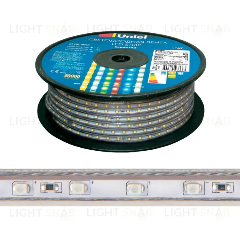 Светодиодная лента Uniel ULS-2835-60LED/m-10mm-IP67-220V-8W/m-50M-YELLOW бобина ULS-2835-60LED/m-10mm-IP67-220V-8W/m-50M-YELLOW бобина