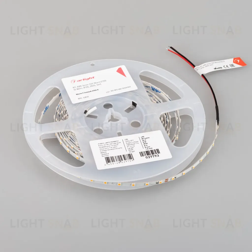 Светодиодная лента Arlight RT-A80-5mm 24V Warm2700 (5 W/m, IP20, 2835, 5m) 037793 037793