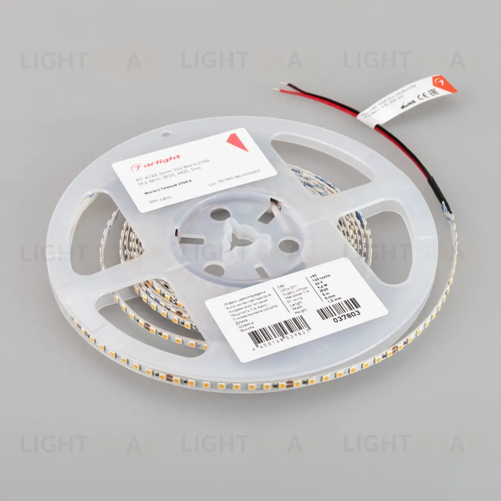 Светодиодная лента Arlight RT-A160-5mm 24V Warm2700 (9.6 W/m, IP20, 2835, 5m) 037803 037803