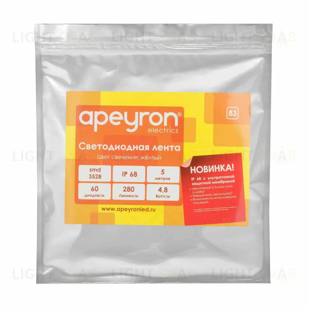 Светодиодная лента Apeyron 12В СТ 4,8Вт/м smd3528, 60д/м IP67 (НАНО) 5м желтая 00-83 00-83