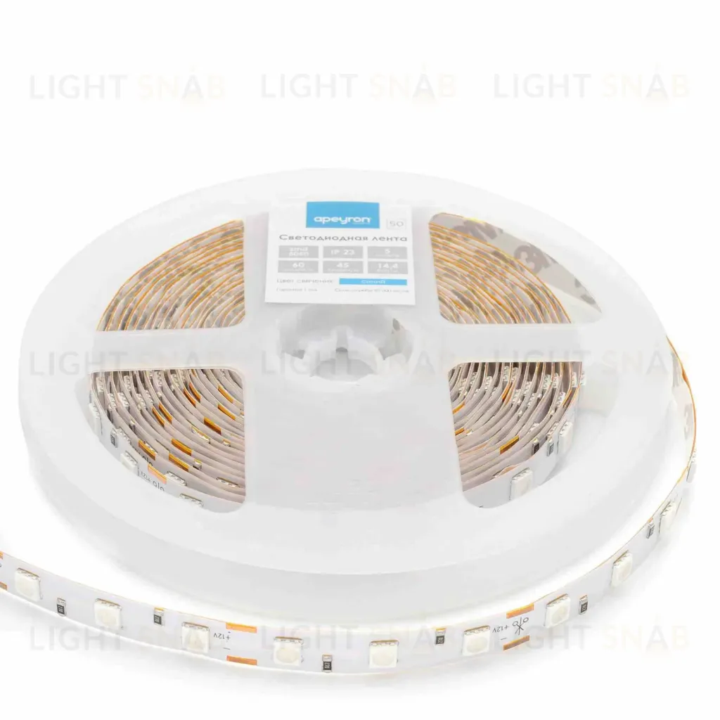 Светодиодная лента Apeyron 12В СТ 14,4Вт/м smd5050 60д/м IP20 5м зеленая 00-49 00-49